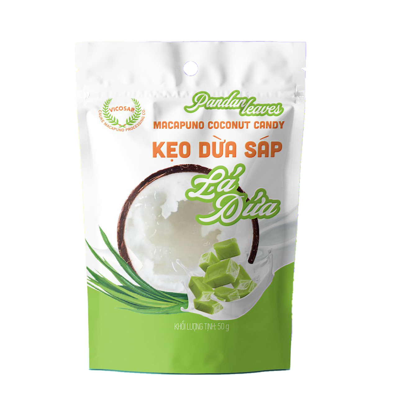 Kẹo dừa sáp vị lá dứa- túi 50g - Vicosap